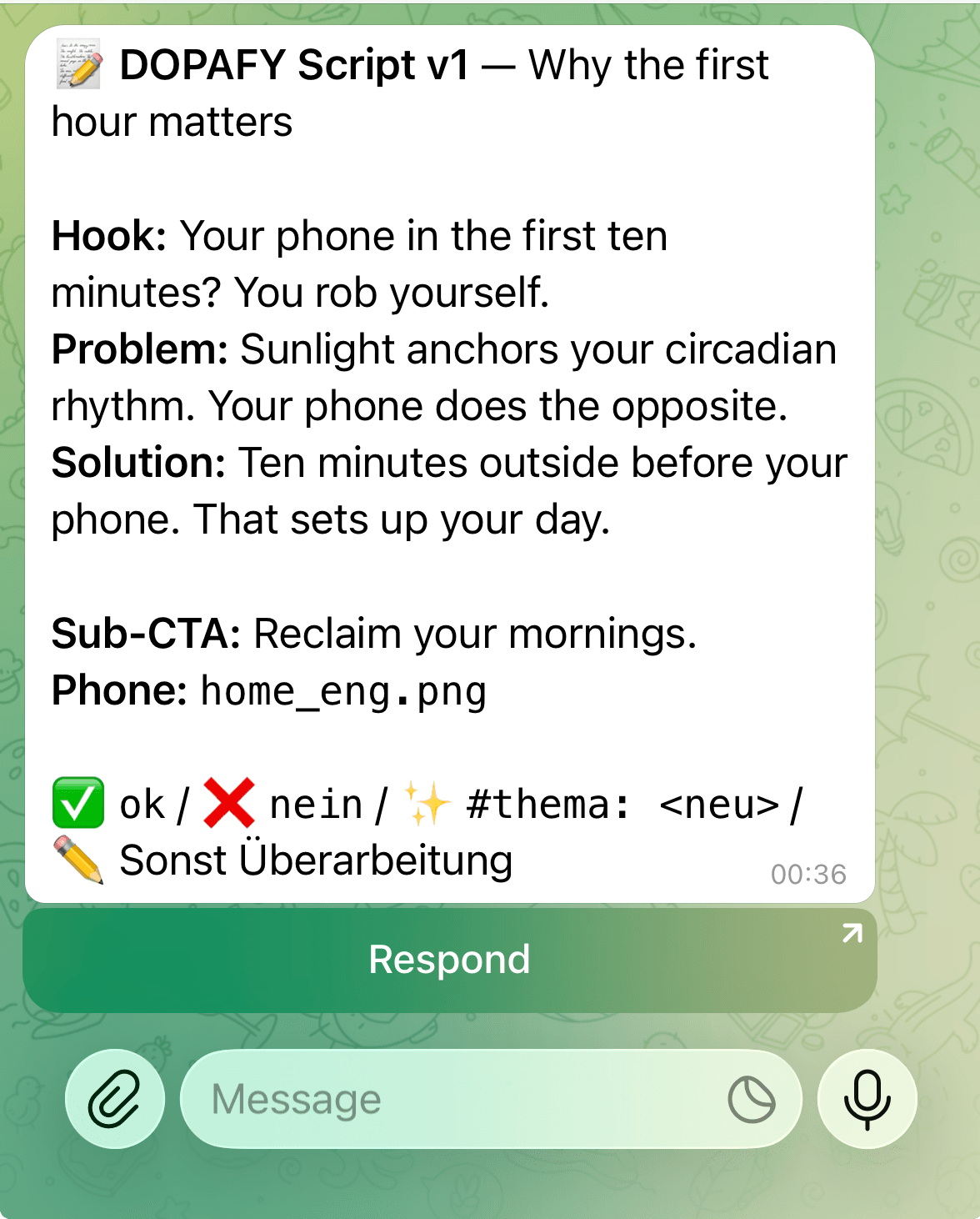 Telegram-Chat mit dem Approval-Flow: Bot sendet Video-Entwurf, du antwortest mit ok, nein oder Feedback-Text