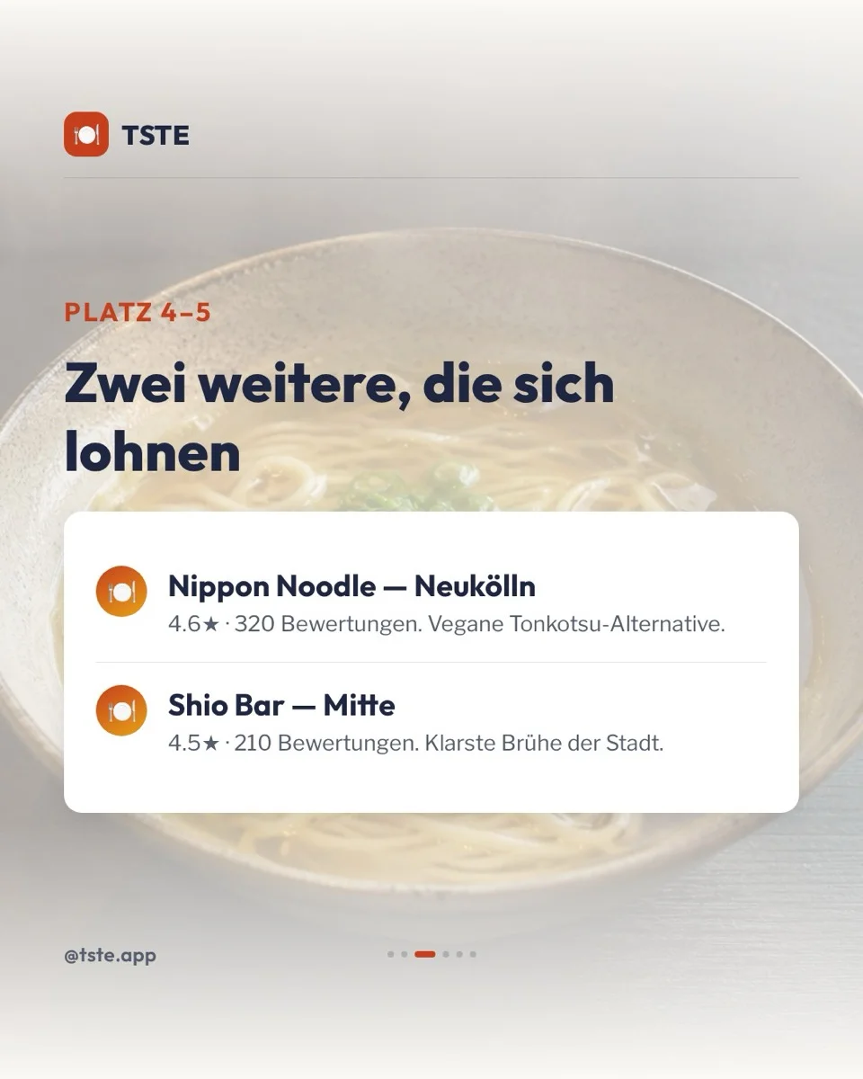 Third carousel slide: ranks 4 and 5 of the ramen spots, Nippon Noodle Neukölln and Shio Bar Mitte, with rating and short description