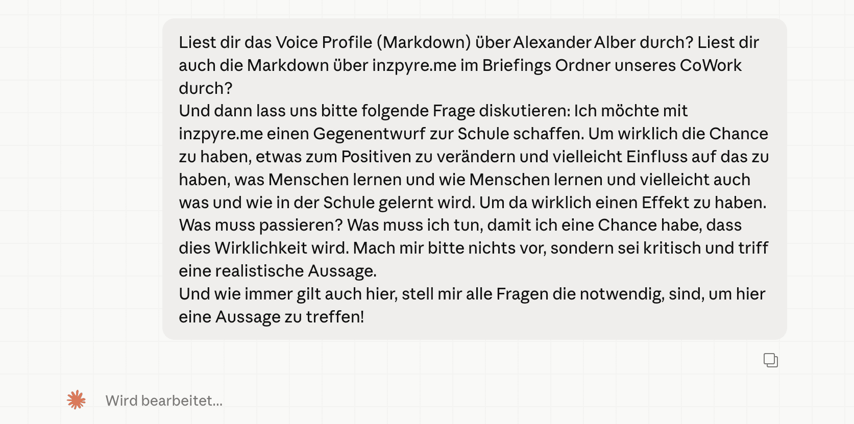 Der Prompt, mit dem ich Claude nach der Zukunft von inzpyre.me gefragt habe.